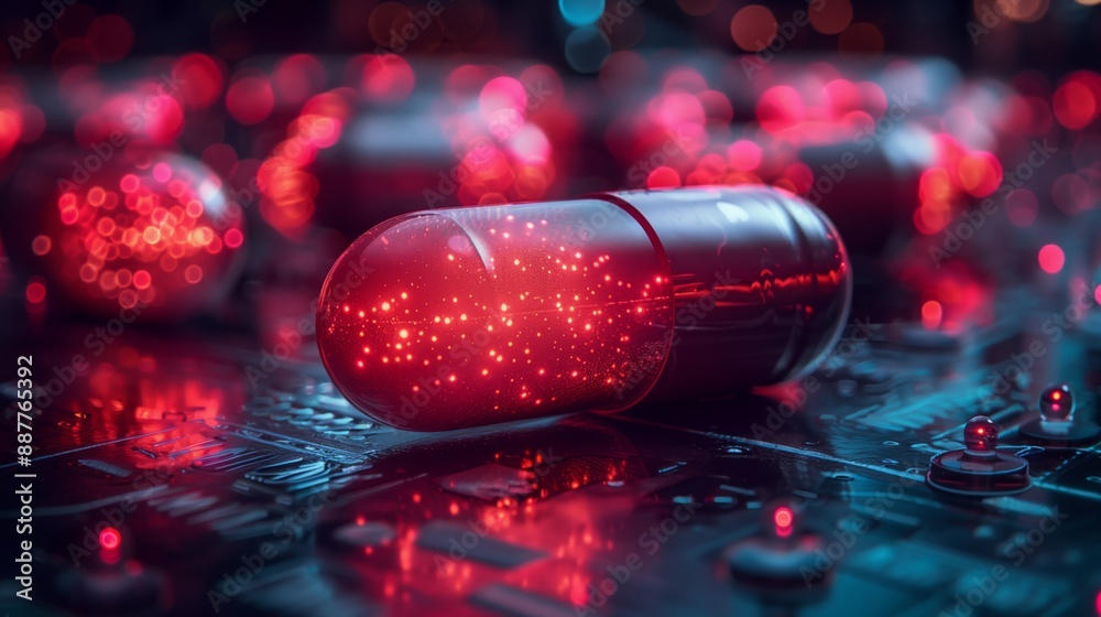 Poster red pill on a circuit board symbolizing the training of a machine learning model, its glowing red in