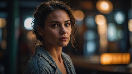 A woman with a pensive expression stands in a dimly lit cafe, with warm lights creating a cozy and intimate atmosphere.
