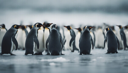 Obraz premium A colony of penguins huddling on the ice, overcast day 