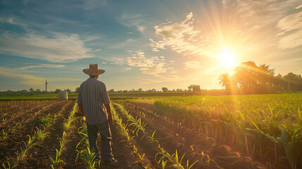 Fototapeta premium Farmer is working in the fields under a relentless sun, showing the challenges of hot weather on agriculture