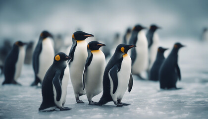 Obraz premium A colony of penguins huddling on the ice, overcast day 