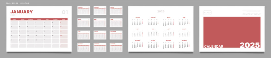 Obraz premium Set of 2025 Pages Monthly Calendar Planner Templates, Cover with Place for Photo, Company Logo, Annual. Design of Vector layout Calendar Pages size A4-21x29.7 cm in for print. Week start on Monday