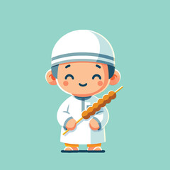 Cartoon of a cute Muslim boy eating satay