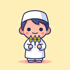illustration of a cute Muslim child eating satay