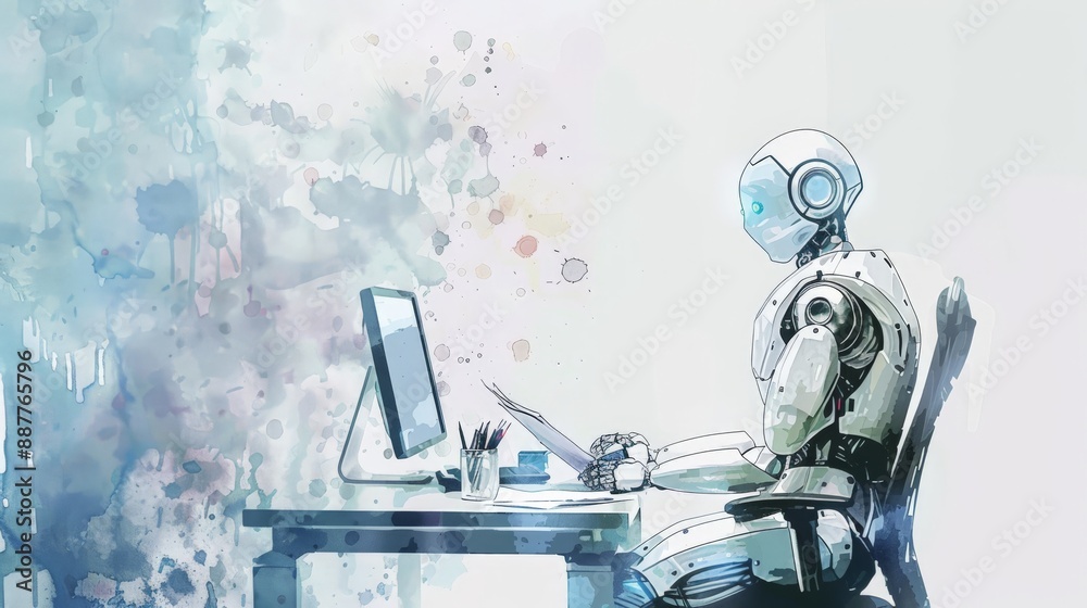 Poster Robot working on a computer at a desk. Technology and automation in the workplace.
