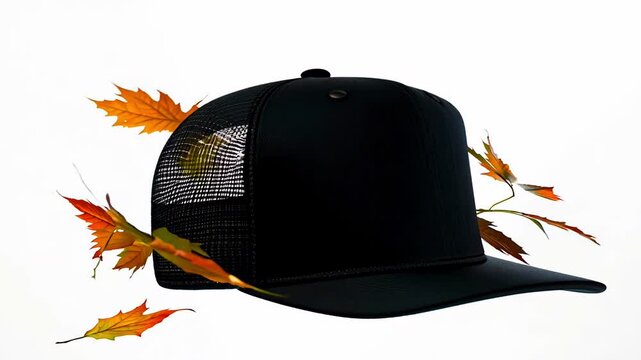 black baseball cap with autumn maple leaves moving on white background. Sportswear and seasonal changes concept, mockup