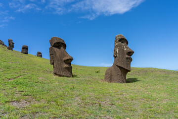 Moai heads on the slope of Rano Raraku on Easter Island (Rapa Nui),  Chile. Raraku is commonly...
