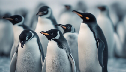 A colony of penguins huddling on the ice, overcast day
