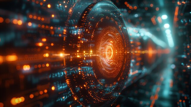 An animation depicting the workflow of an adva bd d f ac bdbbfad. The animation features a glowing, circular interface with data flowing through it.