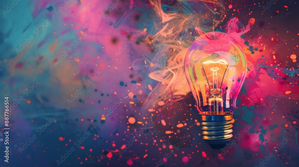 Poster Light bulb with colorful splashes against a smoky background. Representing creativity and dynamic ideas.