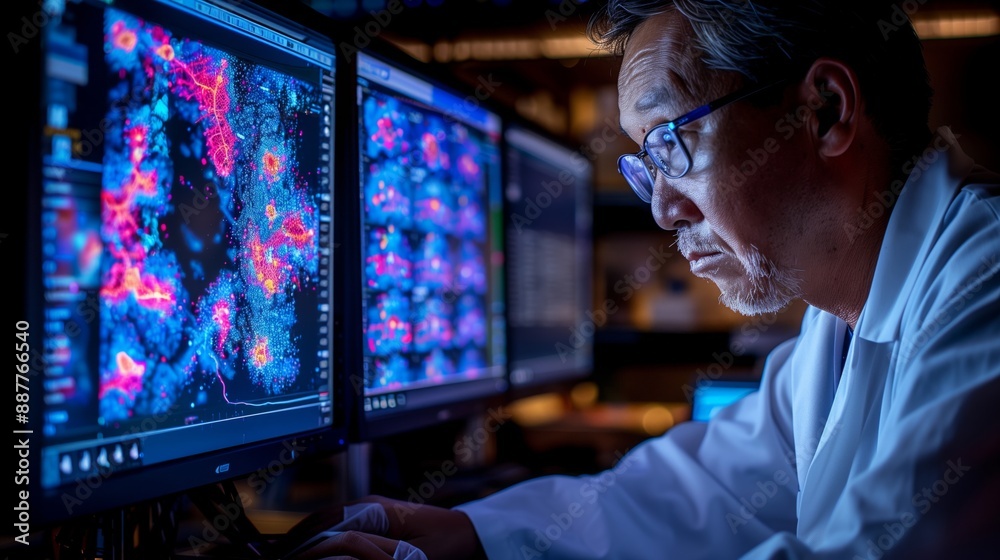 Poster a scientist examines complex data displayed on multiple computer screens, likely related to advanced