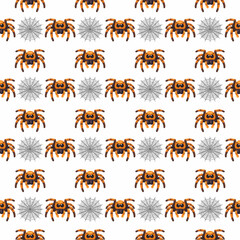 Vector seamless patter design for Halloween decor. Spider and a web on white background. Halloween wrapping paper design