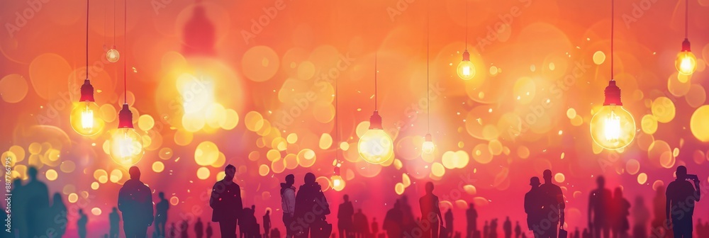 Poster silhouettes of people with glowing light bulbs in a colorful background representing ideas and creat