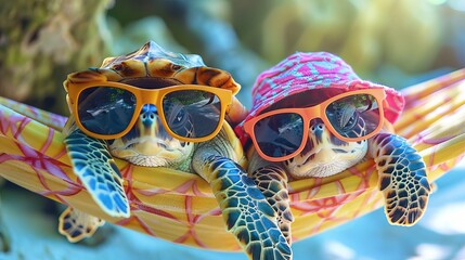 Two cute little baby turtles wearing sunglasses and sun hats lounging in a hammock. AI generated illustration