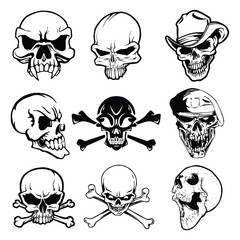 Skulls and bones vector set. Black and white illustration. 