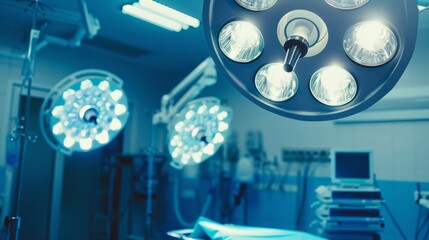 Bright surgical lights illuminate a modern operating room with an empty surgical table