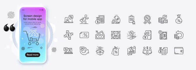 Clipboard, Loan percent and Accounting wealth line icons for web app. Phone mockup gradient screen. Pack of Payment exchange, Report document, Online tax pictogram icons. Vector