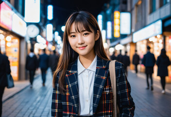 Asian woman smiling at the camera in the middle of a busy street at night