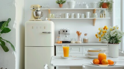 Stylish Kitchen Interior with Vintage Appliances and Fresh Orange Juice