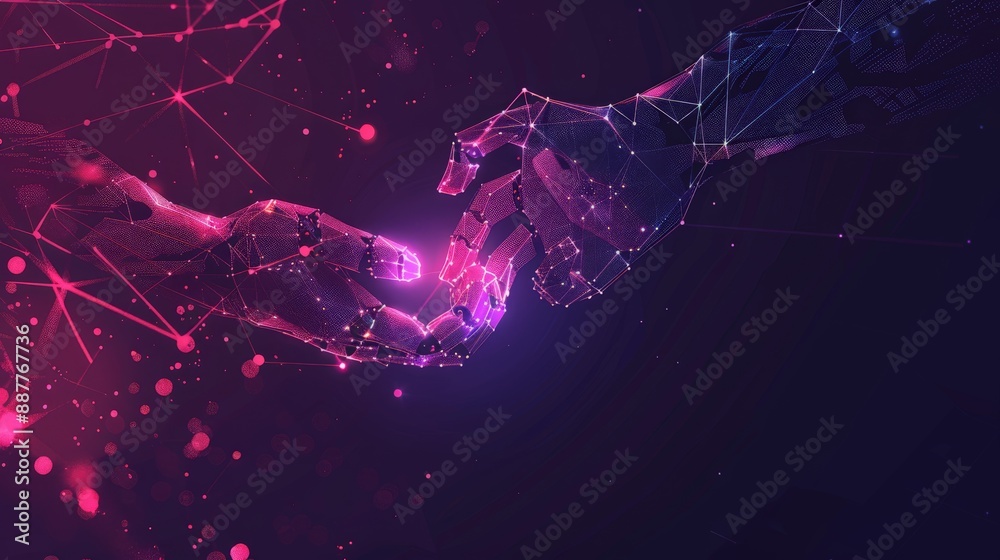 Poster digital hands reaching out to each other with pink and purple light effects on a dark background. ai
