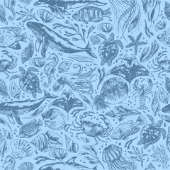 Vector sea animals seamless pattern. Sea life background in blue color with whale, dolphin, octopus