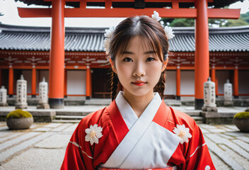 Asian woman dressed in a kimono posing inside a temple