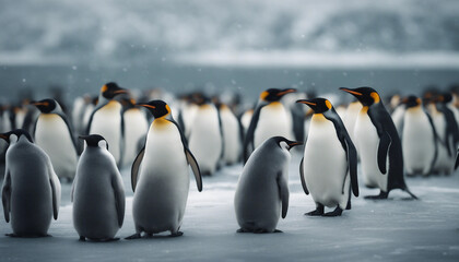Obraz premium A colony of penguins huddling on the ice, overcast day 