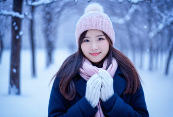 Cute asian girl dressed in cute and warm winter outfit, posing in the middle of a snowy forest