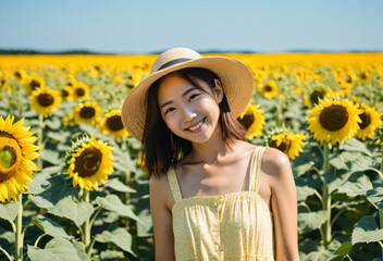 Asian girl in a yellow sundress posing in the middle of a sunflower field smiling at the camera