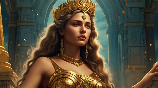 Hera is a powerful and beautiful goddess in Greek mythology. Her flowing robes shimmer with gold threads, and her gaze exudes authority and wisdom. Her crown is decorated with symbols of her divine