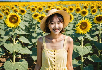 Asian girl in a yellow sundress posing in the middle of a sunflower field smiling at the camera