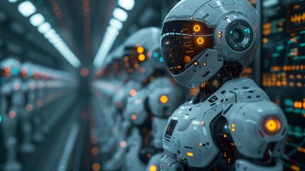 A futuristic vision of multiple robots with sleek, white exteriors standing in a server room, performing complex tasks.