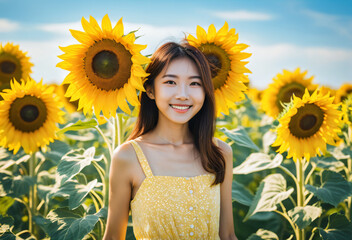Asian girl in a yellow sundress posing in the middle of a sunflower field smiling at the camera