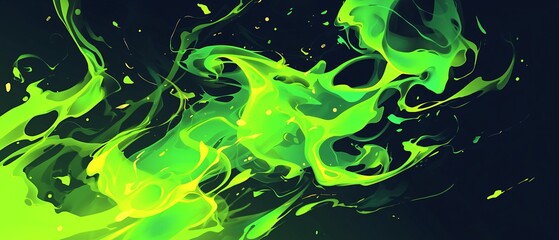 Abstract green and yellow liquid swirls on a black background. Green flames illustration.