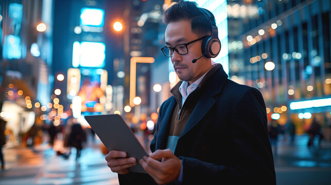 Man wearing headset with microphone using tablet on busy city street at night, featuring blurry lights and buildings in the background.