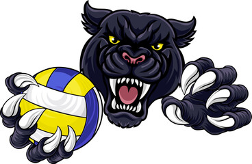 A panther jaguar leopard volleyball animal sports mascot holding a volley ball in his claw