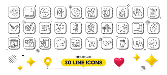 Lock, Friendship and Employees messenger line icons pack. 3d design elements. Phone code, Market buyer, Call center web icon. Difficult stress, Bell alert, Timer pictogram. Loyalty points. Vector