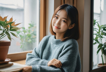Cute asian girl in an oversized sweater smiling at the camera
