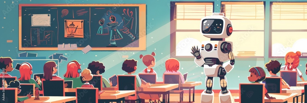 Poster robot teaching in a classroom full of diverse children. education and technology integration.