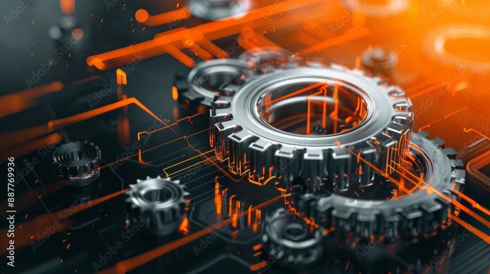Poster abstract close-up of metallic gears with orange digital elements. ideal for engineering, technology,