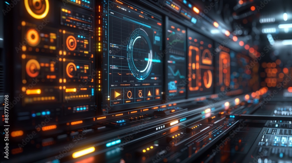 Poster a futuristic lab with a network of monitors displaying data, showcasing an ai system monitoring and 