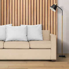 Cushion png mockup on a sofa in a modern living room