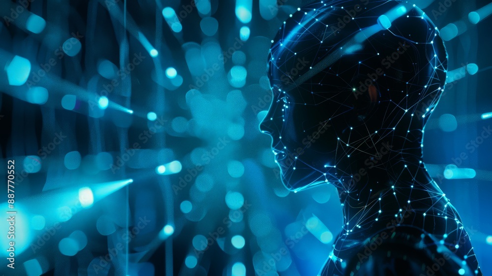 Poster Profile of a digital humanoid with glowing connections, representing advanced AI and technology. Perfect for high-tech and futuristic concepts.
