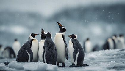 Obraz premium A colony of penguins huddling on the ice, overcast day 