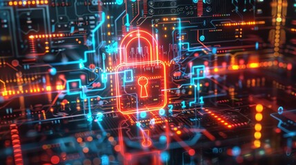 Obraz premium Cybersecurity: Digital Lock on a Circuit Board