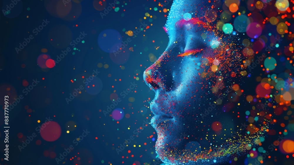 Poster Digital profile of a face with vibrant colored particles and lights on a dark background. Represents futuristic technology and AI