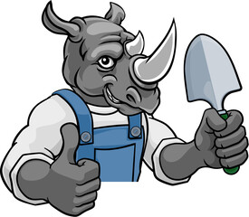 A rhino gardener cartoon gardening animal mascot holding a garden spade tool peeking round a sign and giving a thumbs up