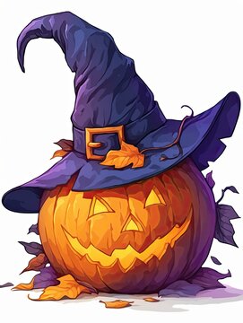 recommend clip art: a pumpkin with a witch hat, Halloween element, cartoon illustration,