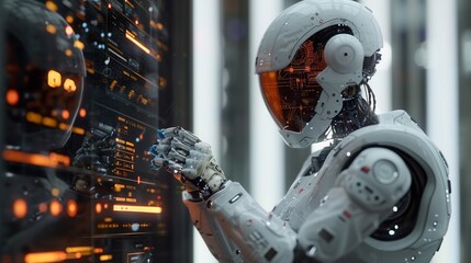 A futuristic robot interacts with a server panel in a brightly lit, modern environment.