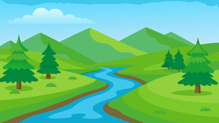 River landscape illustration with a view of green fields, mountains, and trees